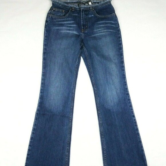 Express Denim - Express Jeans Womens Size 5/6R (28x31) Blue Dark Wash Flare Frayed Denim Jeans